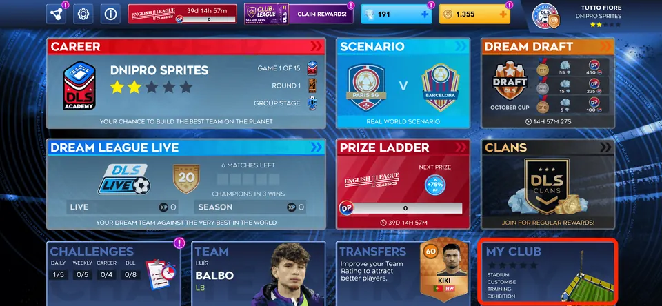 DLS home screen with the My Club tile highlighted in red