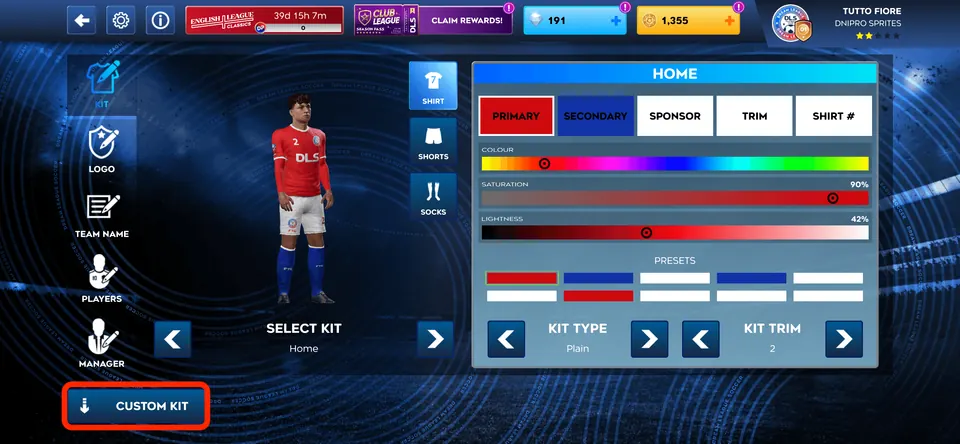 DLS kit editor with the Custom Kit button highlighted in the bottom-left corner