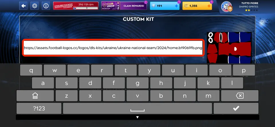 Custom Kit screen with a football-logos.cc DLS kit URL pasted into the URL field