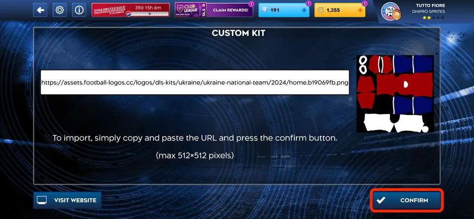 Custom Kit screen with the Confirm button highlighted in the bottom-right corner