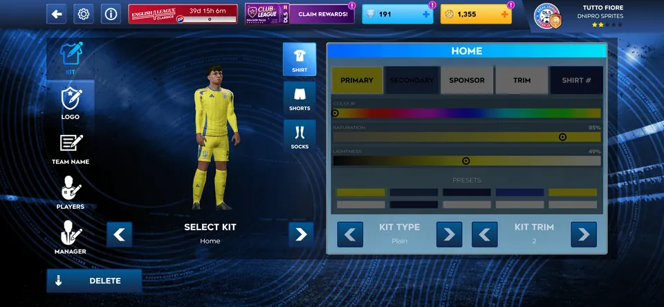 DLS kit editor showing a player in the imported kit, with a Delete button in the bottom-left corner